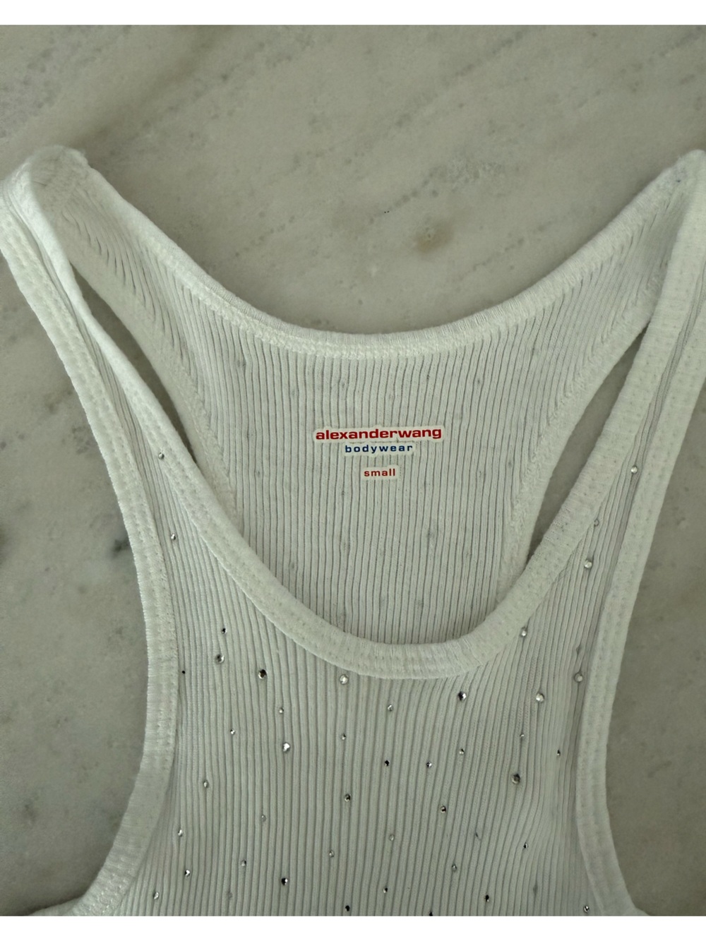 Alexander Wang White Ribbed Racerback Tank with Rhinestones - Picture 5 of 7